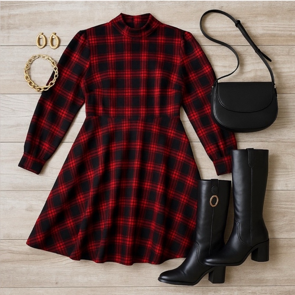 Women’s Red and Black Plaid Long-Sleeve Fit & Flare Dress
